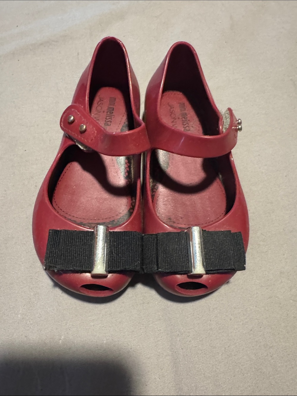 Mini Melissa Red Mary Jane Flats with Black Ribbon Bow